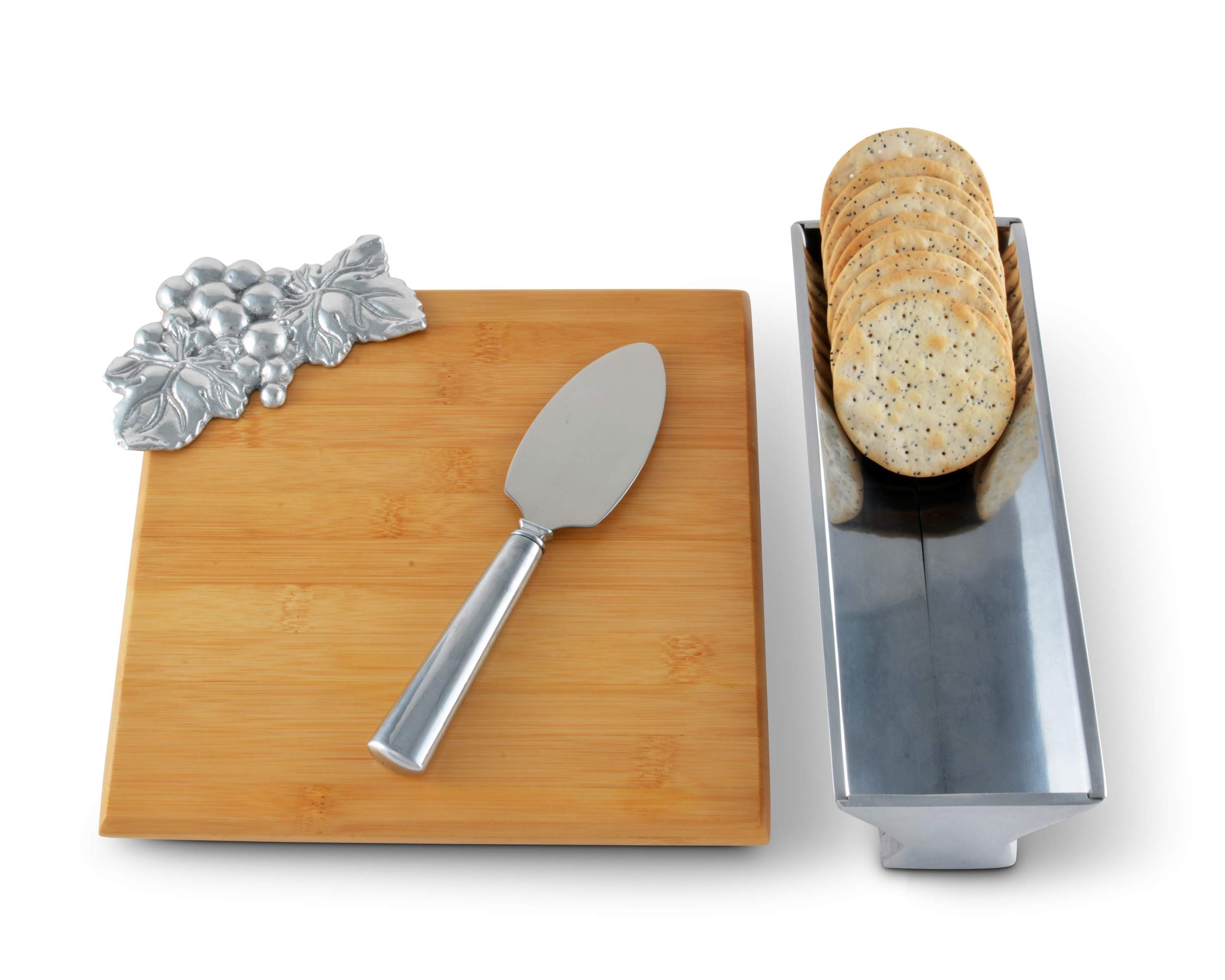 Arthur Court Designs Bamboo Cheese Board with Aluminum Grape Accent Cracker Tray and Spreader 8.5 inch x 8.5 inch board