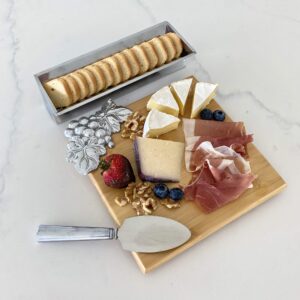 Arthur Court Designs Bamboo Cheese Board with Aluminum Grape Accent Cracker Tray and Spreader 8.5 inch x 8.5 inch board
