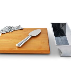 Arthur Court Designs Bamboo Cheese Board with Aluminum Grape Accent Cracker Tray and Spreader 8.5 inch x 8.5 inch board