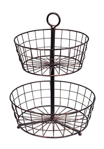 BirdRock Home 2 Tier Wire Fruit Basket Bowl - Round Metal Standing Storage Baskets - Vegetable Garlic Caddy Stand for Kitchen Counter - Freestanding Rustic Decorative Farmhouse Decor