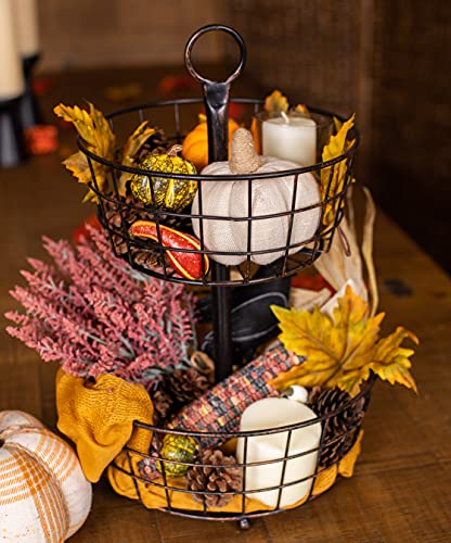 BirdRock Home 2 Tier Wire Fruit Basket Bowl - Round Metal Standing Storage Baskets - Vegetable Garlic Caddy Stand for Kitchen Counter - Freestanding Rustic Decorative Farmhouse Decor