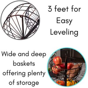 BirdRock Home 2 Tier Wire Fruit Basket Bowl - Round Metal Standing Storage Baskets - Vegetable Garlic Caddy Stand for Kitchen Counter - Freestanding Rustic Decorative Farmhouse Decor