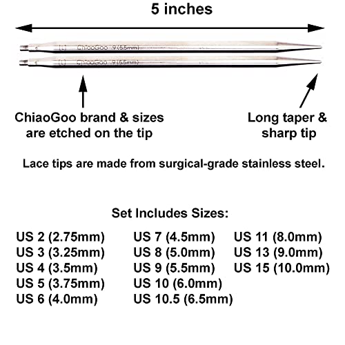 ChiaoGoo Twist Red Lace 5-Inch Complete 7500-C Interchangeable Circular Knitting Needle Set, Sizes US 2, 3, 4, 5, 6, 7, 8, 9, 10, 10.5, 11, 13, 15 with 6 Cords Bundle with 1 Artsiga Crafts Project Bag