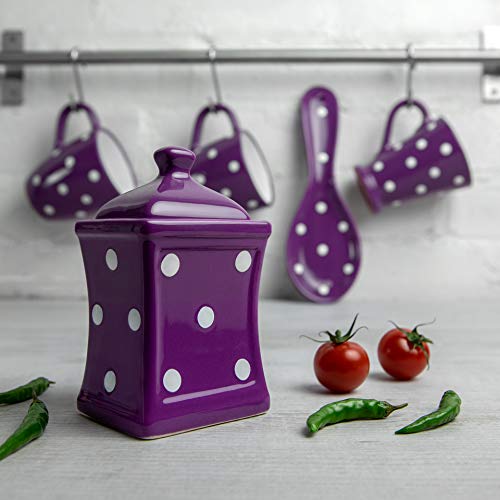 Handmade Purple and White Polka Dot Small 5.3oz/150ml Ceramic Kitchen Herb, Spice, Storage Jar with Lid, Pottery Canister, Housewarming Gift by City to Cottage®