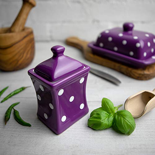 Handmade Purple and White Polka Dot Small 5.3oz/150ml Ceramic Kitchen Herb, Spice, Storage Jar with Lid, Pottery Canister, Housewarming Gift by City to Cottage®