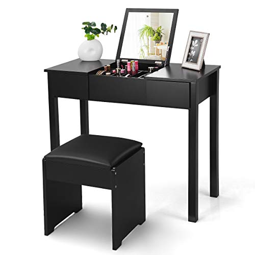 Giantex Vanity Set with Flip Top Mirror and Cushioned Stool, Makeup Dressing Table Writing Desk with 2 Drawers & 3 Removable Organizers, Makeup Table Set Easy Assembly, Black