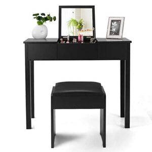 Giantex Vanity Set with Flip Top Mirror and Cushioned Stool, Makeup Dressing Table Writing Desk with 2 Drawers & 3 Removable Organizers, Makeup Table Set Easy Assembly, Black