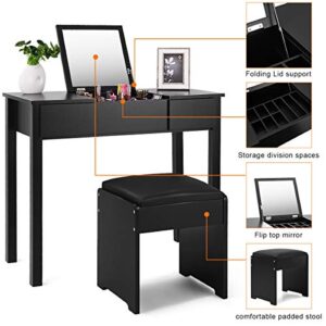 Giantex Vanity Set with Flip Top Mirror and Cushioned Stool, Makeup Dressing Table Writing Desk with 2 Drawers & 3 Removable Organizers, Makeup Table Set Easy Assembly, Black