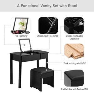 Giantex Vanity Set with Flip Top Mirror and Cushioned Stool, Makeup Dressing Table Writing Desk with 2 Drawers & 3 Removable Organizers, Makeup Table Set Easy Assembly, Black