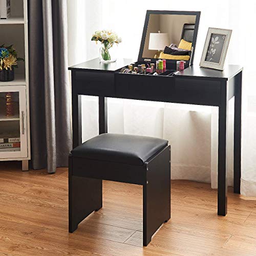 Giantex Vanity Set with Flip Top Mirror and Cushioned Stool, Makeup Dressing Table Writing Desk with 2 Drawers & 3 Removable Organizers, Makeup Table Set Easy Assembly, Black