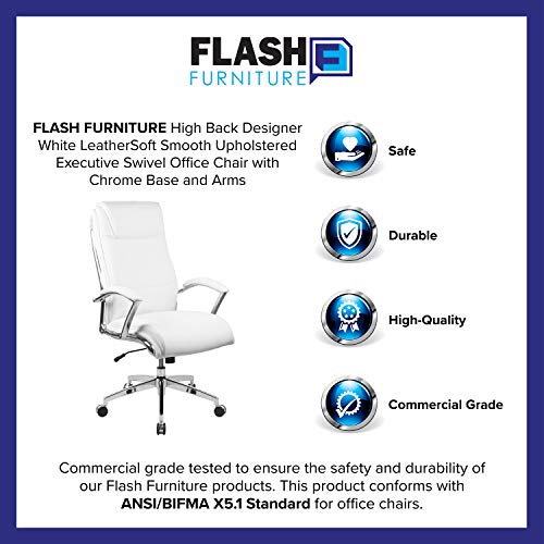 Flash Furniture Rebecca High Back Designer White LeatherSoft Smooth Upholstered Executive Swivel Office Chair with Chrome Base and Arms