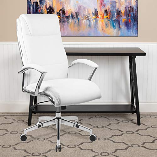 Flash Furniture Rebecca High Back Designer White LeatherSoft Smooth Upholstered Executive Swivel Office Chair with Chrome Base and Arms