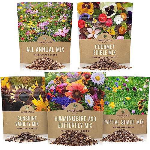 Bulk Wildflower Seeds Variety Pack - 5 Large Packets 5 Different Mixes - Over 1/4 Pound - More Than 30,000 Open Pollinated Seeds