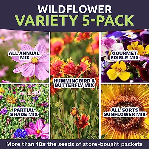 Bulk Wildflower Seeds Variety Pack - 5 Large Packets 5 Different Mixes - Over 1/4 Pound - More Than 30,000 Open Pollinated Seeds