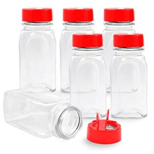 RoyalHouse 6 Pack 9.5 Oz Plastic Spice Jars with Red Cap, Clear and Safe Plastic Bottle Containers with Shaker Lids for Storing Spice, Herbs and Seasoning Powders, BPA Free, Made in USA