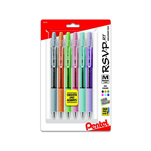 RSVP RT Pastel Barrel, Retractable Ballpoint Pen, (1.0mm) Med, Assorted Ink (6-Pk)