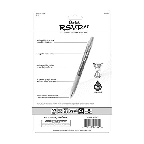 RSVP RT Pastel Barrel, Retractable Ballpoint Pen, (1.0mm) Med, Assorted Ink (6-Pk)