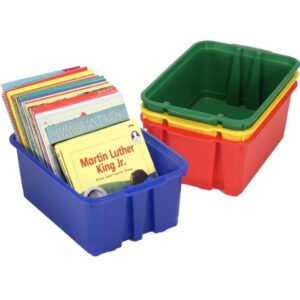 really good stuff stacking bins, 14" x 10" x 5 ¾" - 4 pack, primary | stackable storage plastic bins for classroom organization, home storage, office & hospital supplies