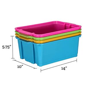 Really Good Stuff Stacking Bins, 14" x 10" x 5 ¾" - 4 Pack, Primary | Stackable Storage Plastic Bins for Classroom Organization, Home Storage, Office & Hospital Supplies
