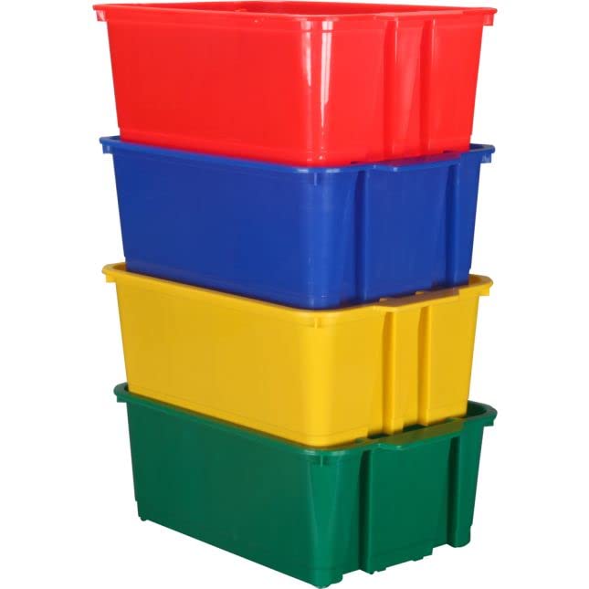 Really Good Stuff Stacking Bins, 14" x 10" x 5 ¾" - 4 Pack, Primary | Stackable Storage Plastic Bins for Classroom Organization, Home Storage, Office & Hospital Supplies