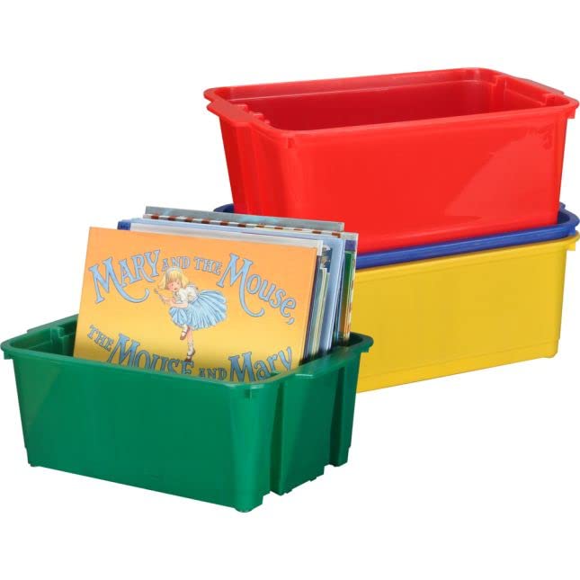 Really Good Stuff Stacking Bins, 14" x 10" x 5 ¾" - 4 Pack, Primary | Stackable Storage Plastic Bins for Classroom Organization, Home Storage, Office & Hospital Supplies