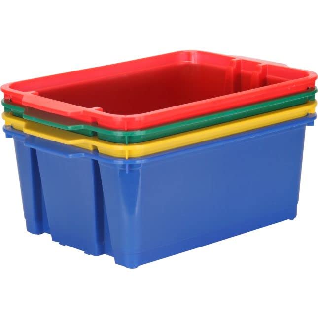 Really Good Stuff Stacking Bins, 14" x 10" x 5 ¾" - 4 Pack, Primary | Stackable Storage Plastic Bins for Classroom Organization, Home Storage, Office & Hospital Supplies