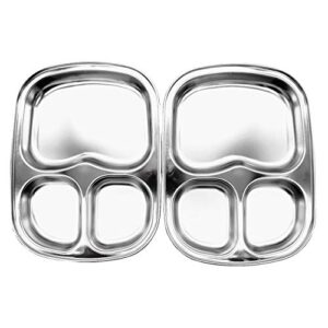 korean stainless steel divided plates, kids toddlers babies tray, bpa free, diet food control, camping dishes, compact serving platter, dinner snack, 3 compartment plate silver, set of 2