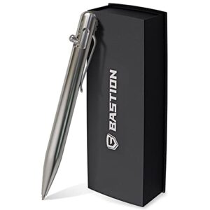 bastion stainless steel bolt action pen with gift case - luxury executive retractable metal pen - ink refillable office business pocket edc writing ballpoint pens for men & women