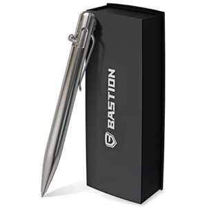 BASTION Stainless Steel Bolt Action Pen with Gift Case - Luxury Executive Retractable Metal Pen - Ink Refillable Office Business Pocket EDC Writing Ballpoint Pens for Men & Women