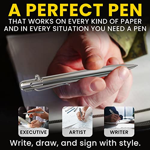 BASTION Stainless Steel Bolt Action Pen with Gift Case - Luxury Executive Retractable Metal Pen - Ink Refillable Office Business Pocket EDC Writing Ballpoint Pens for Men & Women