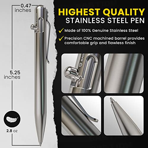 BASTION Stainless Steel Bolt Action Pen with Gift Case - Luxury Executive Retractable Metal Pen - Ink Refillable Office Business Pocket EDC Writing Ballpoint Pens for Men & Women