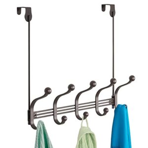 mdesign decorative closet over door or wall mount 10 hook metal storage organizer rack for coats, hoodies, hats, scarves, purses, leashes, bath towels, robes - hyde collection - bronze
