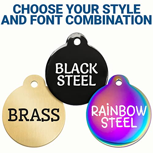 GoTags Personalized Dog Tags in Rainbow Steel, Black Steel or Solid Brass, Custom Engraved Pet Tags for Dogs and Cats. Front and Back Engraving with Fun Fonts. Dog ID and Cat ID Tags - (Pack of 1)