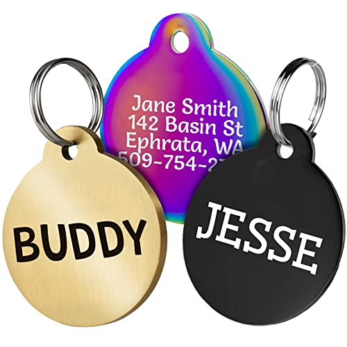 GoTags Personalized Dog Tags in Rainbow Steel, Black Steel or Solid Brass, Custom Engraved Pet Tags for Dogs and Cats. Front and Back Engraving with Fun Fonts. Dog ID and Cat ID Tags - (Pack of 1)