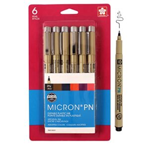 sakura pigma micron plastic nib pens - archival black and colored ink pens - pens for writing, drawing, or journaling - black and assorted colored ink - 0.45 mm plastic nibs - 6 pack