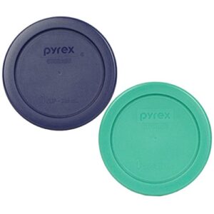 pyrex 7202-pc 1-cup (1) green lid and (1) blue plastic storage lid, made in usa