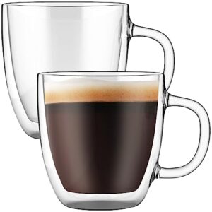 elixir glassware large double wall coffee mugs 16 oz - double wall glass set of 2 - insulated coffee mugs with handle (16 oz)