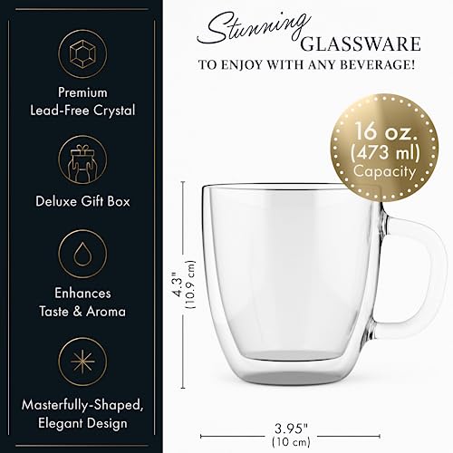 ELIXIR GLASSWARE Large Double Wall Coffee Mugs 16 oz - Double Wall Glass Set of 2 - Insulated Coffee Mugs with Handle (16 oz)