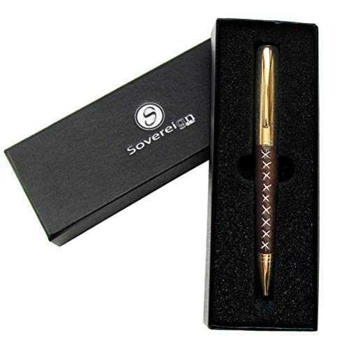 Leather Wrapped Ballpoint Pen for Men and Women - Stylish Faux Leather and Gold Smooth Flowing Non Smudge Ink and Light To Hold - Lovely Presentation Box