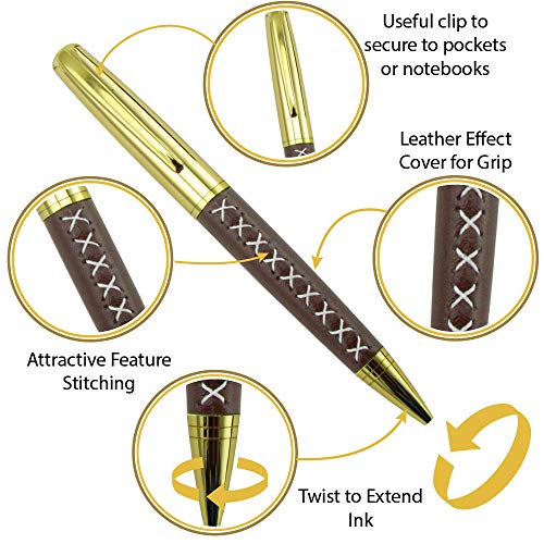 Leather Wrapped Ballpoint Pen for Men and Women - Stylish Faux Leather and Gold Smooth Flowing Non Smudge Ink and Light To Hold - Lovely Presentation Box