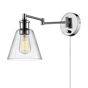 globe electric 65704 1-light plug-in or hardwire industrial wall sconce, chrome finish, on/off rotary switch, 6ft clear cord, clear glass shade, wall lights for bedroom plug in, kitchen sconces