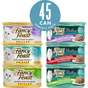 purina fancy feast wet cat food variety pack, grilled feast & medleys seafood collection - (45) 3 oz. cans