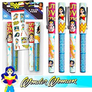 wonder woman ballpoint pens bundle set ~ 4 deluxe wonder woman pens and stickers (wonder woman office supplies, school supplies)