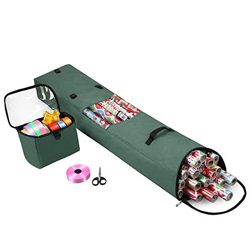 Primode Long Wrapping Paper Storage Bag Hanging | Heavy Duty Christmas Gift Wrap Storage Organizer with Detachable Accessory Tote Durable 600D Oxford (2PC Gift Wrap Case Set) 48"x 10"x 5" (Green)