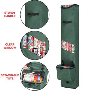 Primode Long Wrapping Paper Storage Bag Hanging | Heavy Duty Christmas Gift Wrap Storage Organizer with Detachable Accessory Tote Durable 600D Oxford (2PC Gift Wrap Case Set) 48"x 10"x 5" (Green)