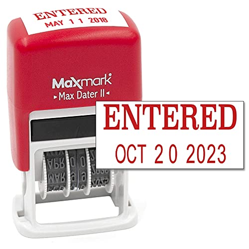 MaxMark Self-Inking Rubber Date Office Stamp with Entered Phrase & Date - RED Ink (Max Dater II), 12-Year Band