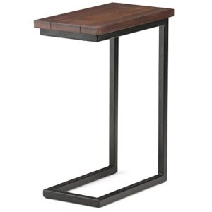 simplihome skyler solid mango wood and metal 18 inch wide rectangle c side table in dark cognac brown, fully assembled, for the living room and bedroom