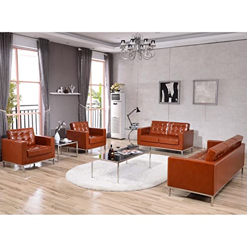 Flash Furniture HERCULES Lacey Series Contemporary Cognac LeatherSoft Loveseat with Stainless Steel Frame