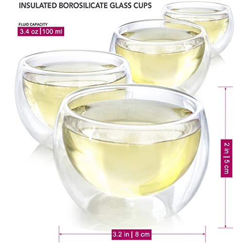 Teabloom Petite Insulated Glass Cups (3.4oz) - Heat Resistant Borosilicate Tea and Espresso Cups