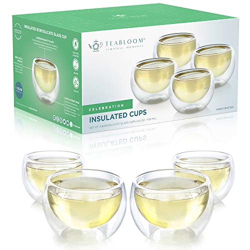 Teabloom Petite Insulated Glass Cups (3.4oz) - Heat Resistant Borosilicate Tea and Espresso Cups